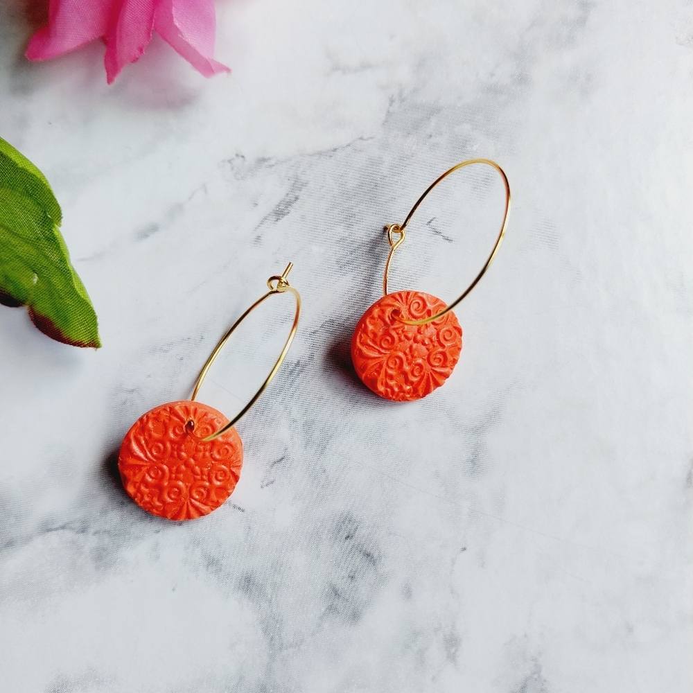 OpalGlaze Polymer Clay Orange Hoops Hand crafted Earrings.